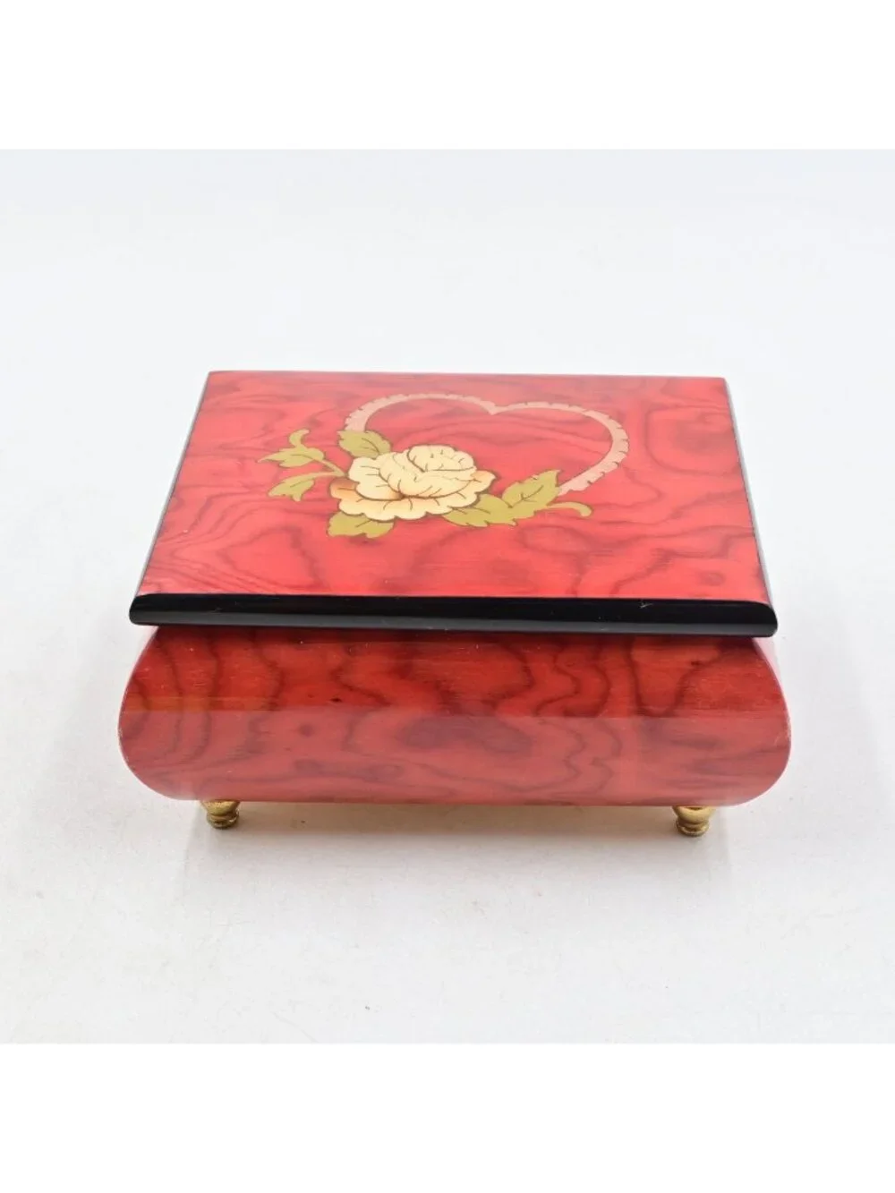 San Francisco Music Box Co Italian Inlaid Wood Lacquered Jewelry Heart Rose